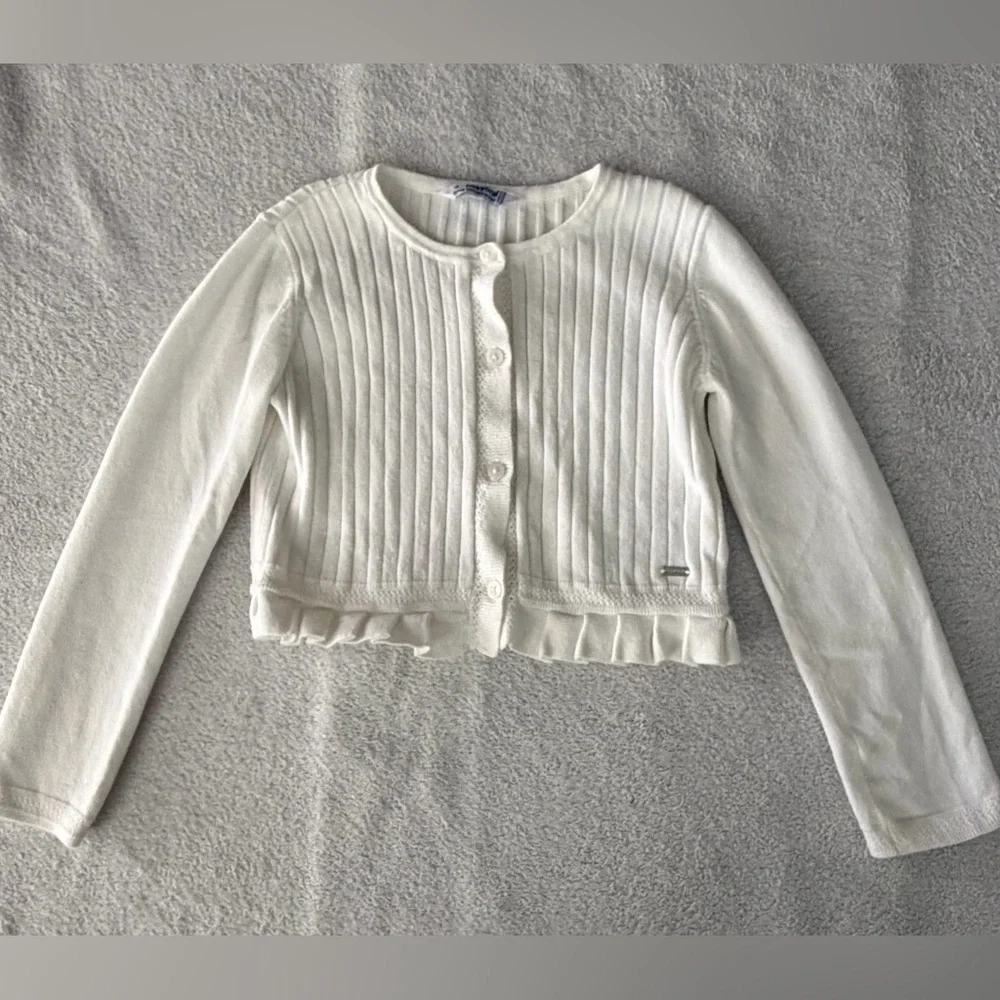 Mayoral | Ribbed Knit Cropped Cardigan with Ruffle Hem | Size 4